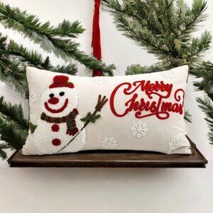 Snowman Pillow Cover Christmas Decor Embroidered Xmas Holiday Accent Throw Case